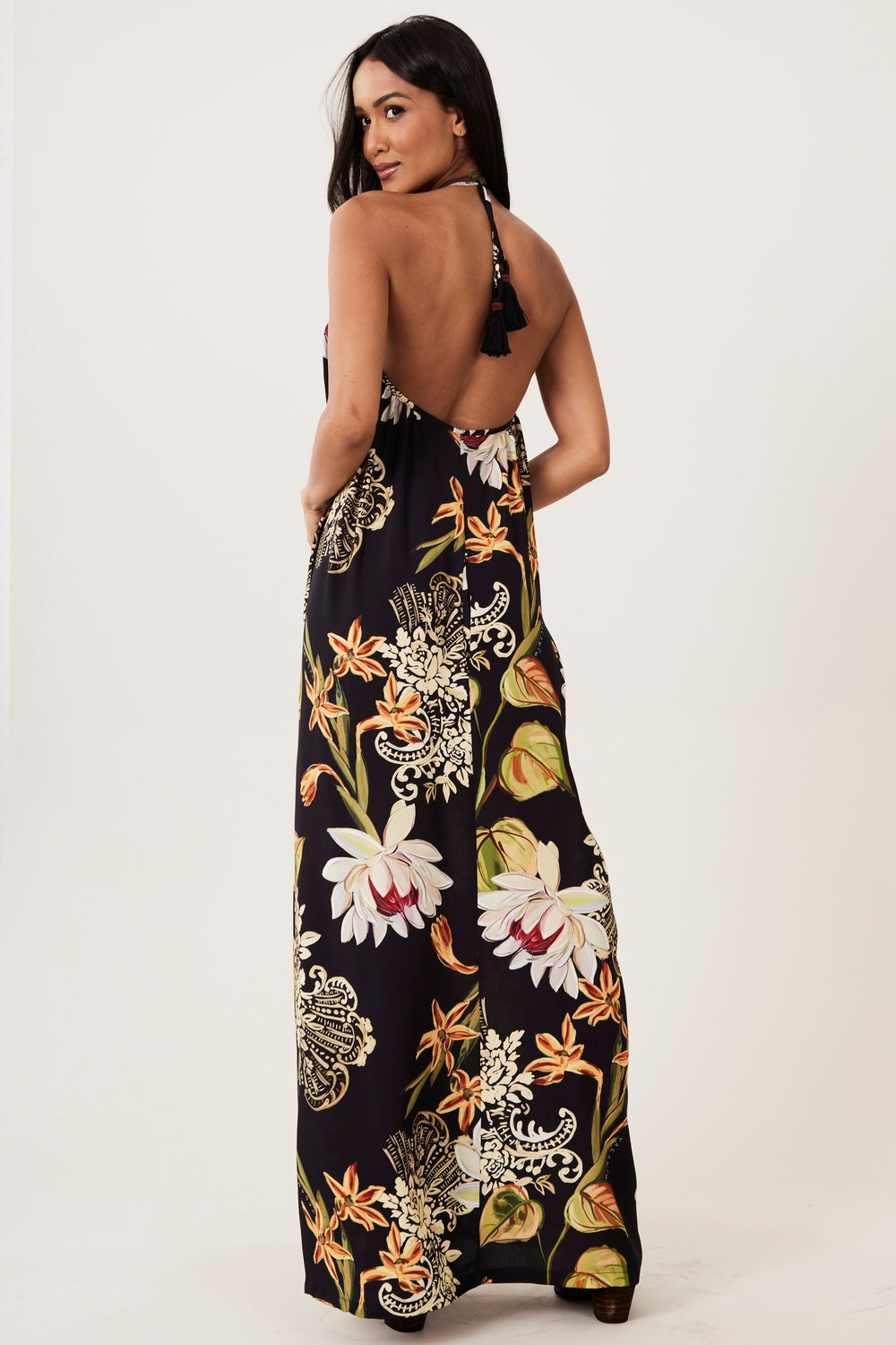 Vestido Longo Frente Única Preto Estampado Yacamim E20