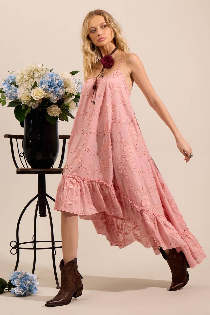 Vestido Mullet Broderie Com Flores Bordadas Rosé Yacamim D8