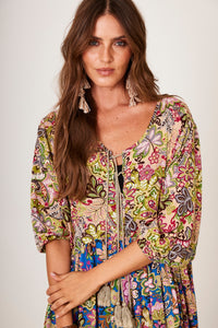 Vestido Longo Com Mangas 3/8 Verde Patchwork Yacamim E14