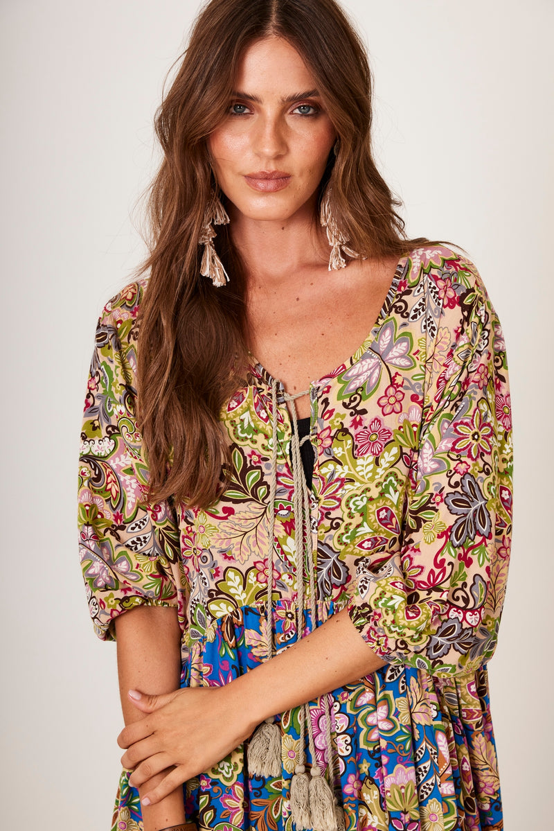 Vestido Longo Com Mangas 3/8 Verde Patchwork Yacamim E14