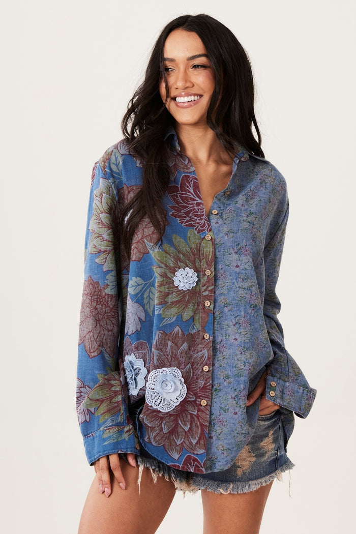 Camisa Tiradentes Com Bordados Azul Escuro Estampado Yacamim A22