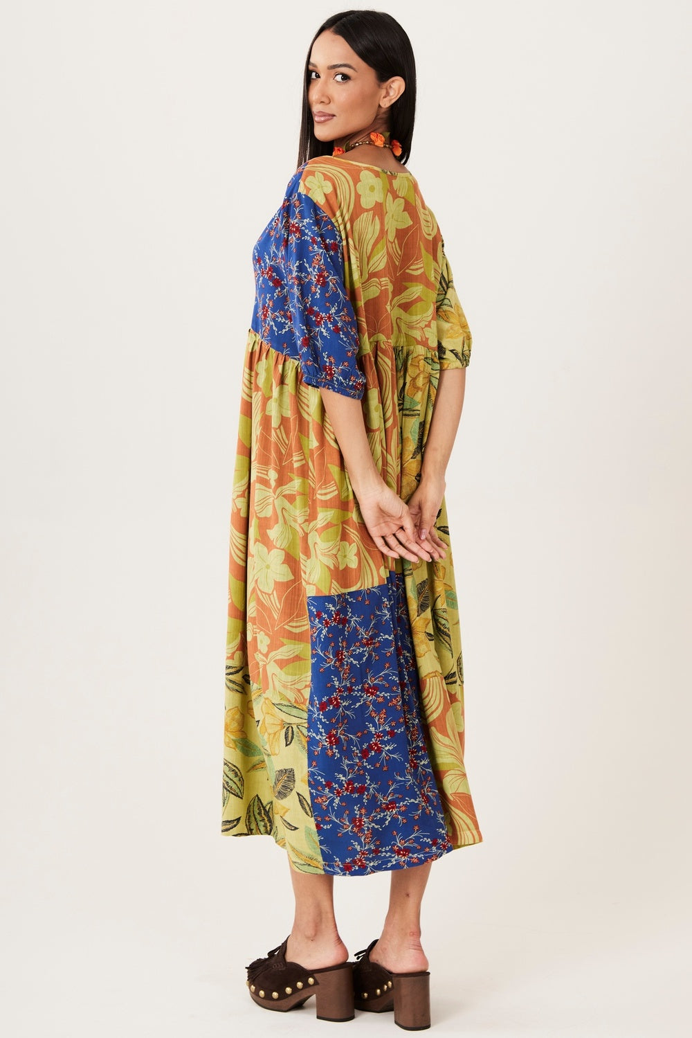 Vestido Midi Trançado Verde E Azul Patchwork Yacamim D26