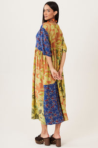 Vestido Midi Trançado Verde E Azul Patchwork Yacamim D26