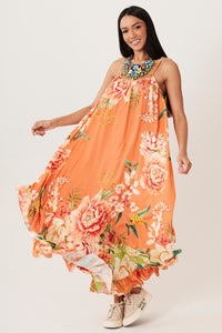 Vestido Midi Alças Reguláveis Laranja Estampado Yacamim E8