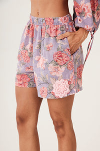 Shorts Inhotim 100% Algodão Com Flores Bordadas Floral Lilás Yacamim A10