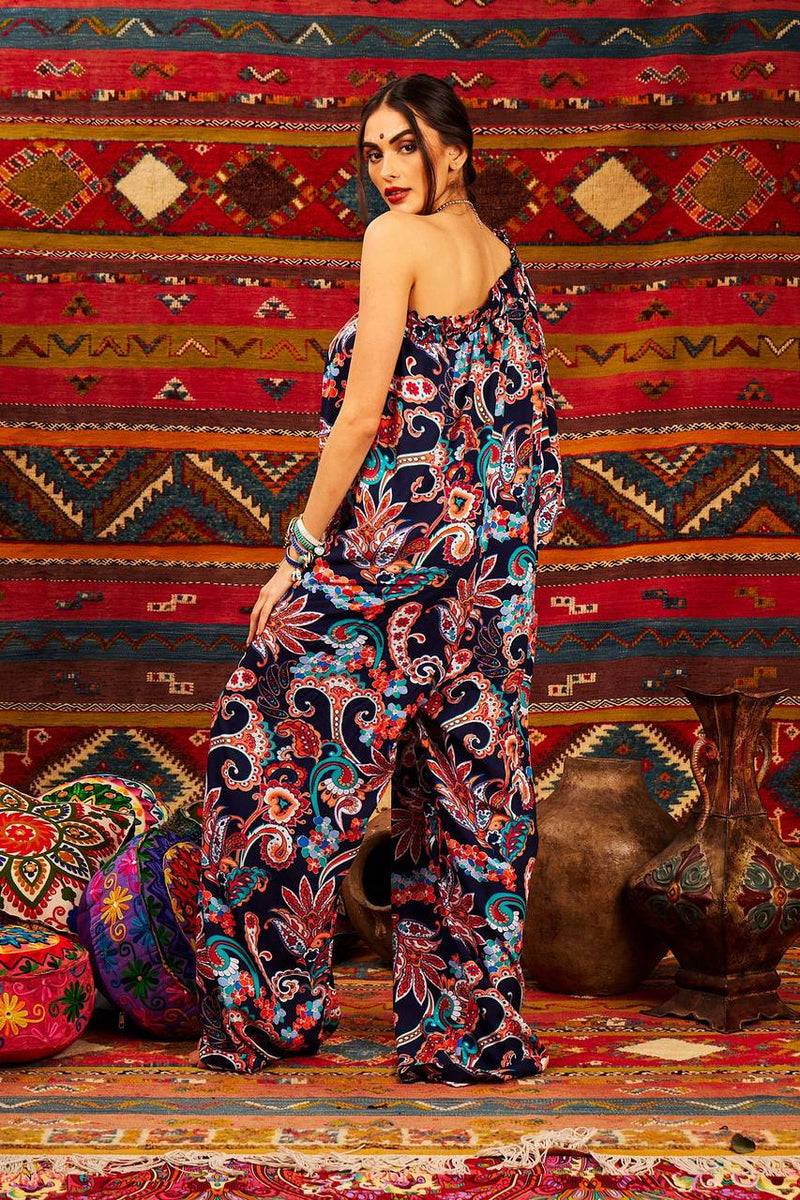 Macacão Longo Pantalona De Um Ombro Só Azul Estampa Cashmere Yacamim