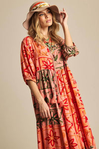 Vestido Midi Com Mangas 3/4 Rosa Patchwork Yacamim