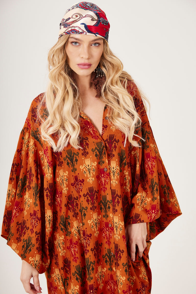 Chemise Ampla Laranja Escuro Estampado Yacamim M9