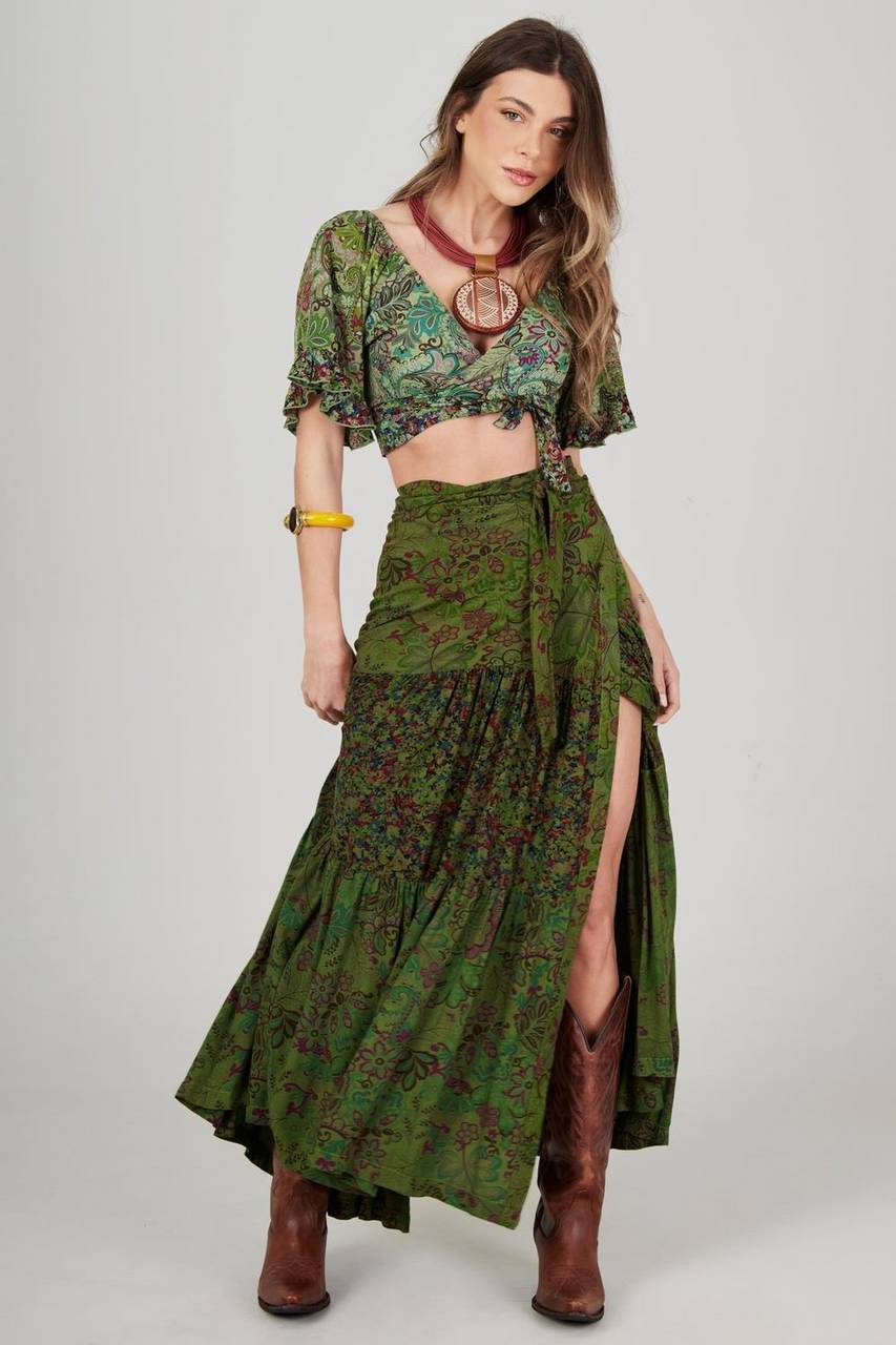 Saia Longa Transpassada Verde Patchwork Yacamim A38
