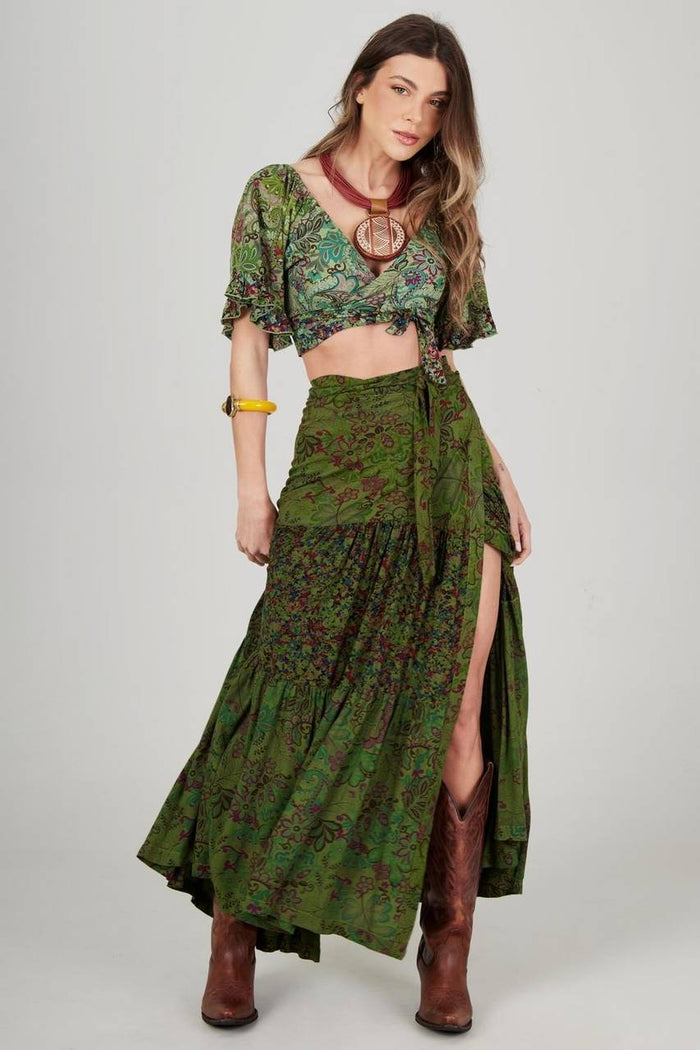 Saia Longa Transpassada Verde Patchwork Yacamim A38