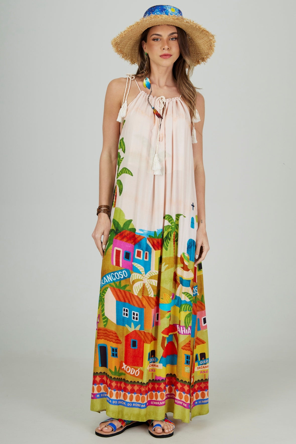 Vestido Longo De Alça De Cordão Oxê Coleção Bahêa Yacamim Q1