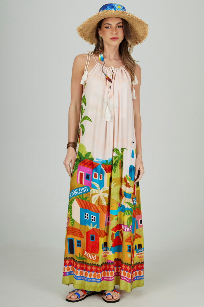 Vestido Longo De Alça De Cordão Oxê Coleção Bahêa Yacamim Q1