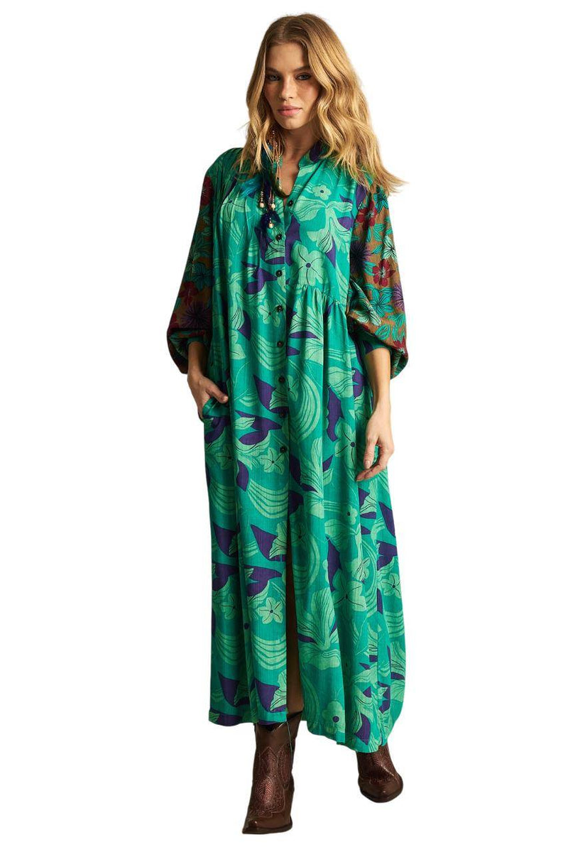 Chemise Longa Com Mangas Bufantes Verde Patchwork Yacamim P4