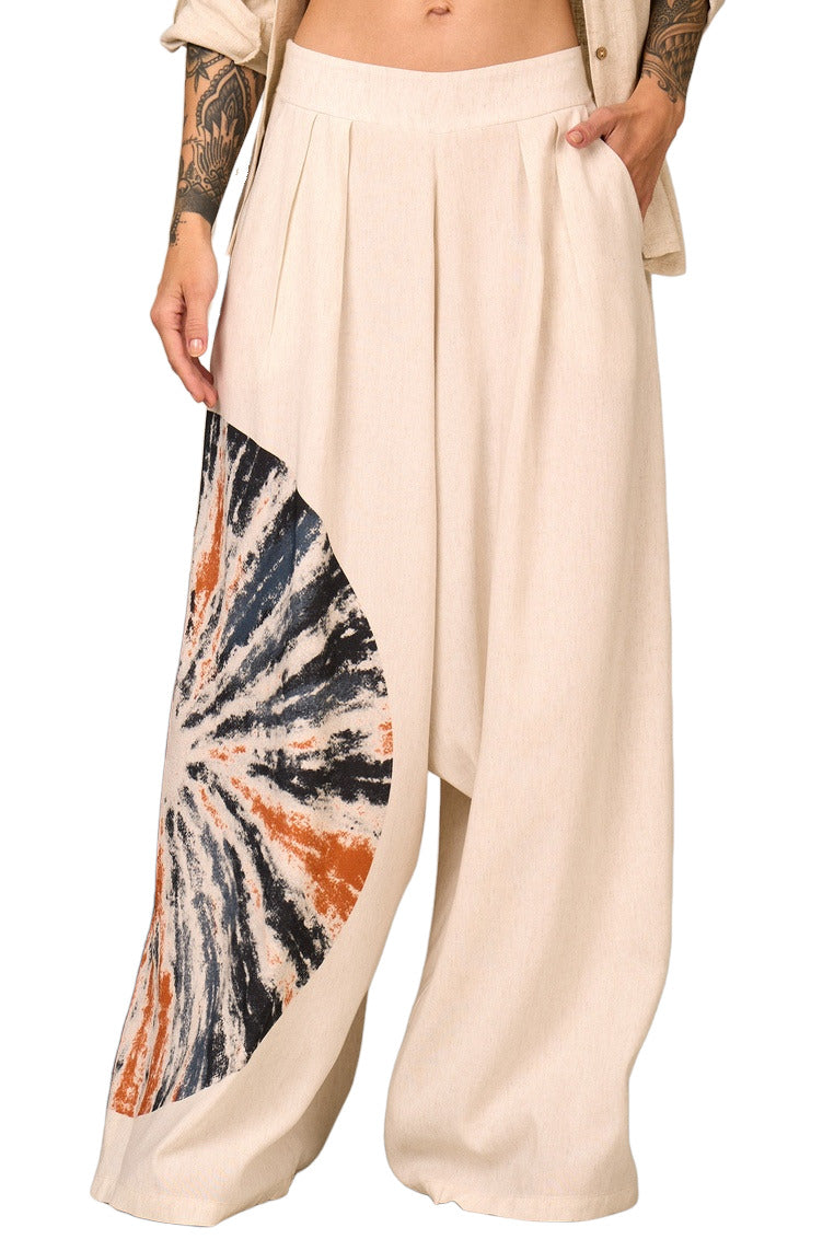 Calça Saruel De Viscolinho Bege Estampa Mandala Yacamim H5