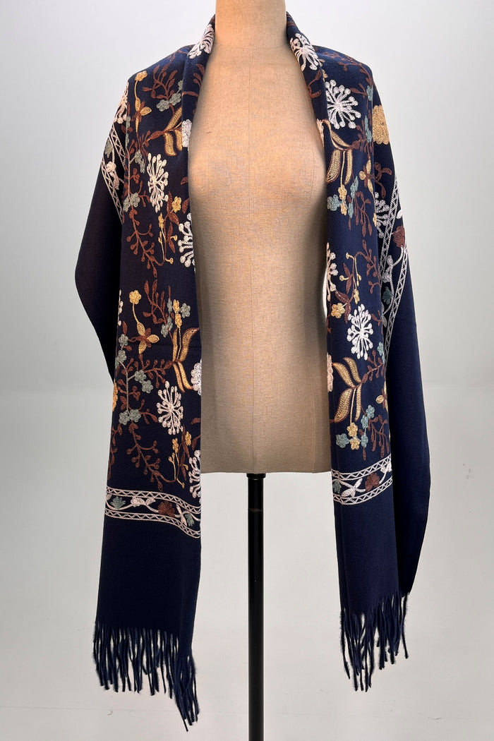 Cachecol Cashmere Azul Marinho Bordado Yacamim #318