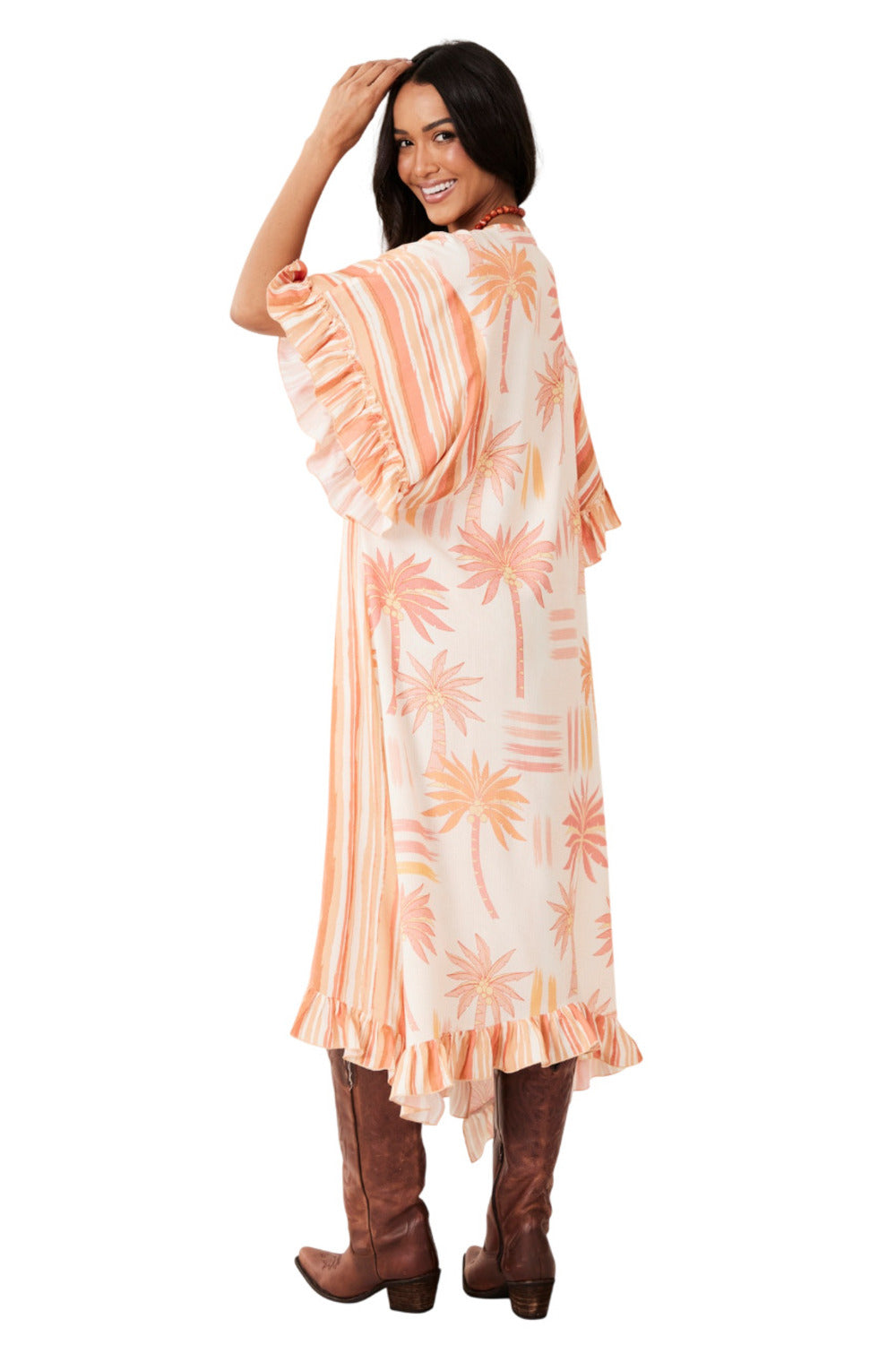 Kaftan Midi Com Mangas 3/4 Rose Estampado Yacamim J1