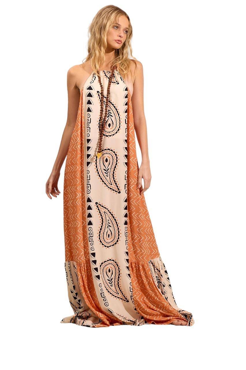 Vestido Longo Frente Única Laranja Estampa Paisley Yacamim