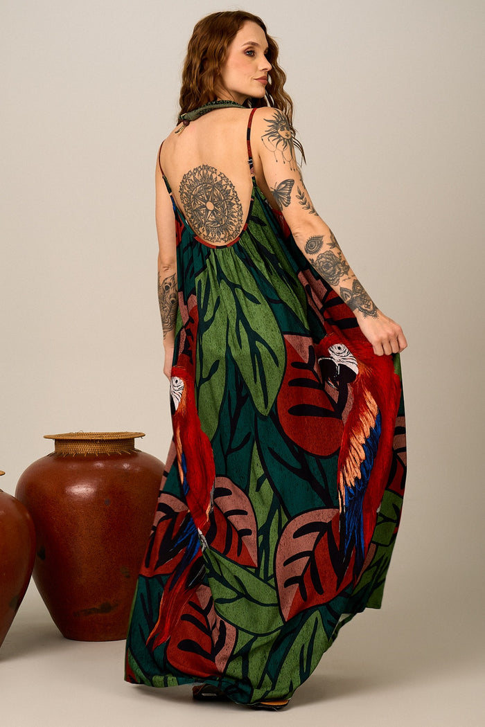 Vestido Longo Verde Estampa De Araras Yacamim E2