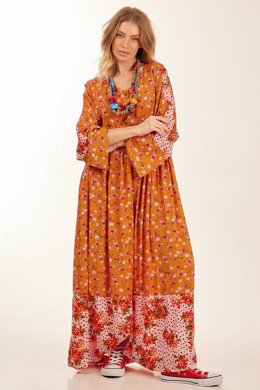 Vestido Longo Com Mangas Longas Morcego Patchwork Laranja Yacamim