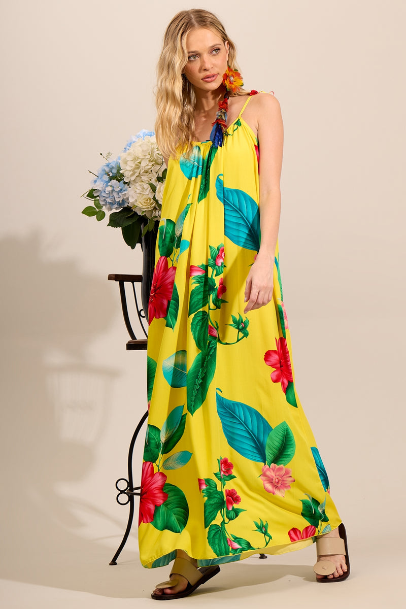 Vestido Longo Com Alças De Amarração Amarelo Estampado Yacamim C10