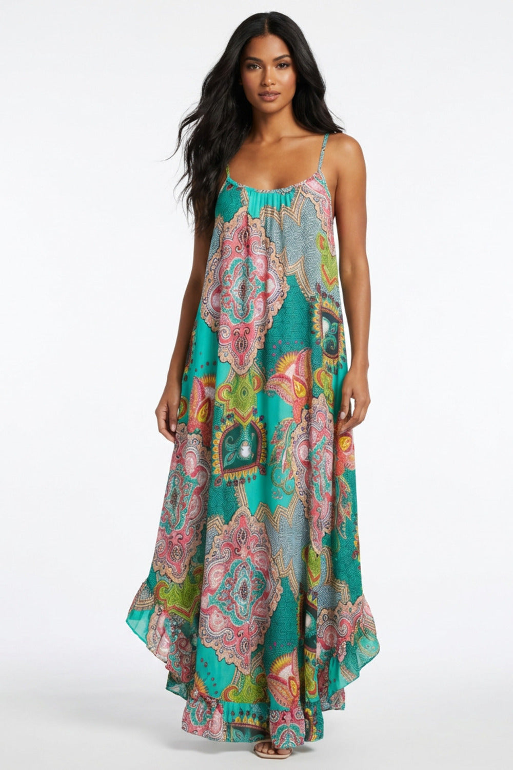 Vestido Longo De Alças Reguláveis Verde Estampado Yacamim C2