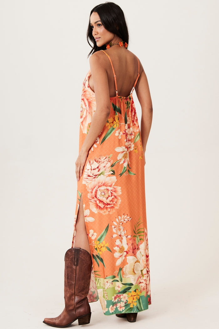 Vestido Longo De Alças Reguláveis Laranja Estampado Yacamim D19