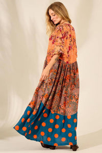 Vestido Longo Com Mangas Bufantes Laranja Patchwork Yacamim