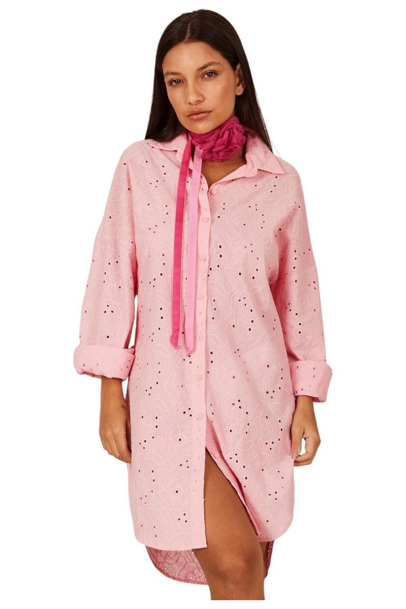 Chemise Clássica Broderie Alongada Rosa Claro Yacamim N1