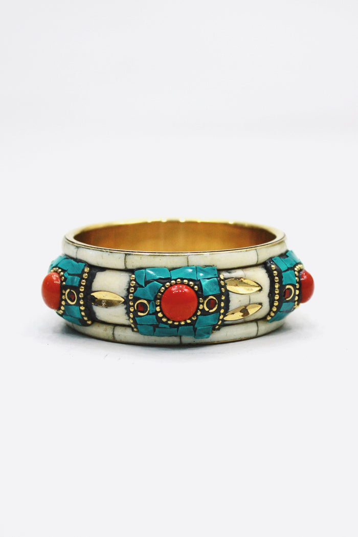 Pulseira Bracelete De Metal Com Mosaicos E Pedras Vermelhas Yacamim #456