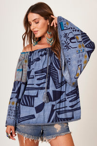 Bata Ciganinha Com Mangas Flare Azul Patchwork Yacamim B21