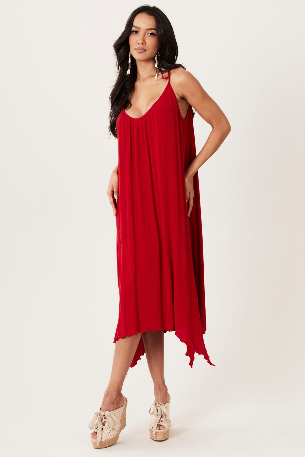 Vestido Midi Com Alças De Amarrar Vermelho Yacamim C20