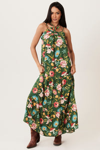 Vestido Longo Babados Verde Estampado Yacamim C5