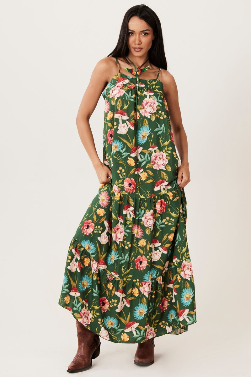 Vestido Longo Babados Verde Estampado Yacamim C5