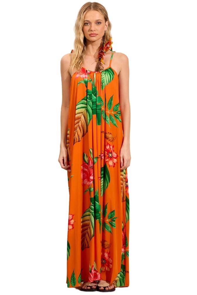 Vestido Longo Com Alças De Amarrar Laranja Estampado Yacamim