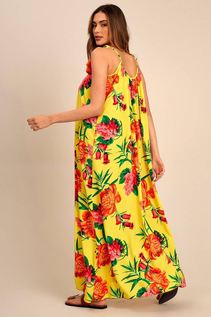 Vestido Longo Básico Com Alças De Amarrar Amarelo Estampado Yacamim