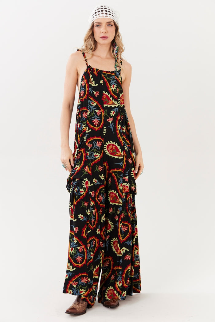 Macacão Longo Preto Estampa Cashmere Yacamim O1