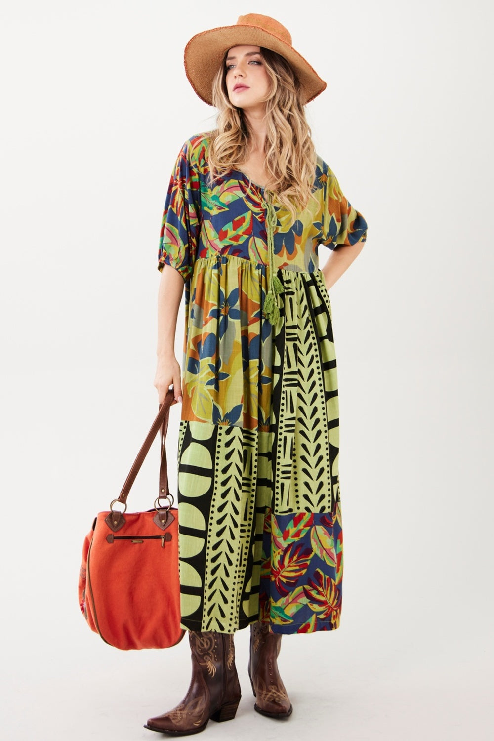 Vestido Midi Verde Estampado Patchwork Yacamim E27