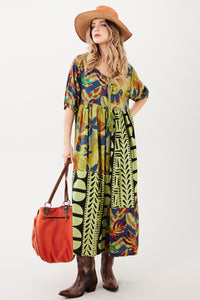 Vestido Midi Verde Estampado Patchwork Yacamim E27