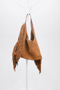 Bolsa De Couro Maxi Franjas Marrom Claro Yacamim #529