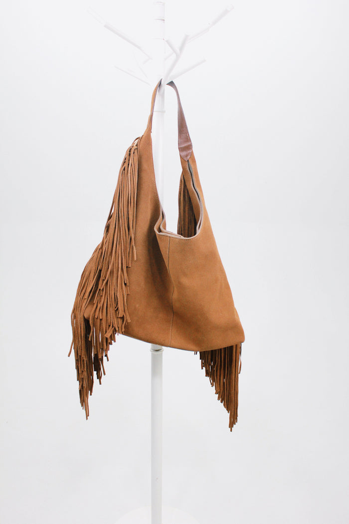 Bolsa De Couro Maxi Franjas Marrom Claro Yacamim #529