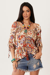 Bata Ciganinha Com Mangas Longas Bege Estampado Yacamim B5