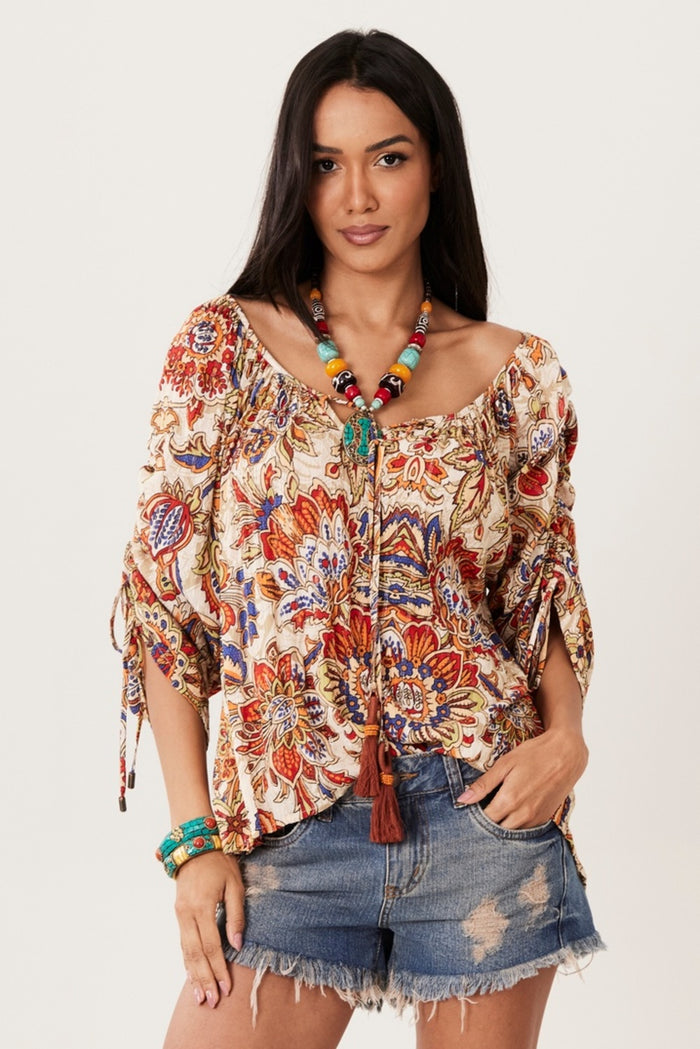 Bata Ciganinha Com Mangas Longas Bege Estampado Yacamim B5