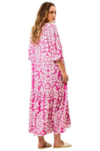 Vestido Chemise Longo Com Mangas 3/8 Raglã Rosa Estampado Yacamim