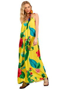 Vestido Longo Com Alças De Amarração Amarelo Estampado Yacamim C10