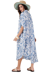 Chemise Midi Com Bolsões Azul Petróleo E Branco Estampado Yacamim N4
