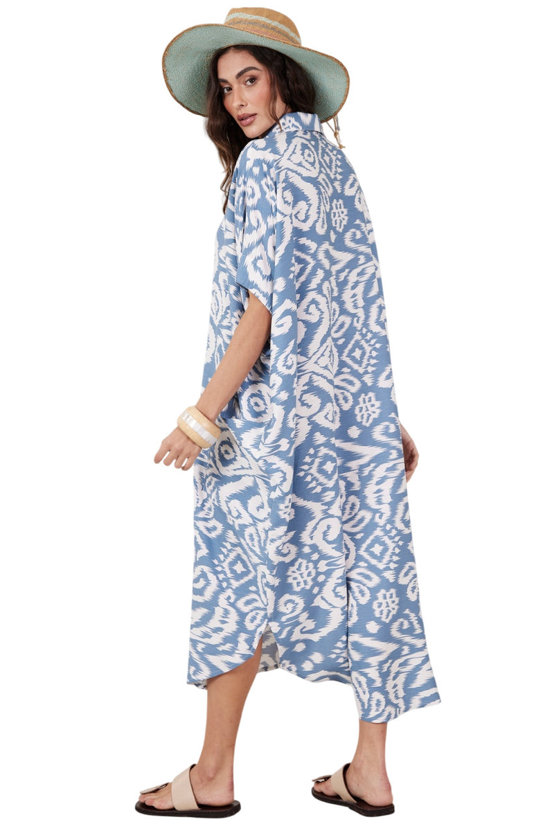 Chemise Midi Com Bolsões Azul Petróleo E Branco Estampado Yacamim N4