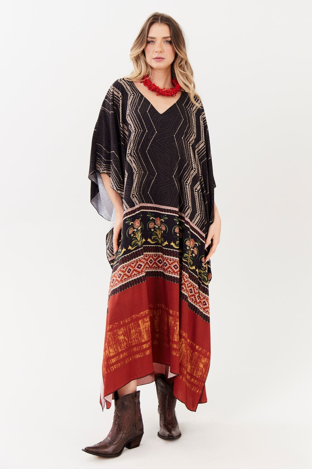 Kaftan Amplo Preto E Terracota Estampado Yacamim J5