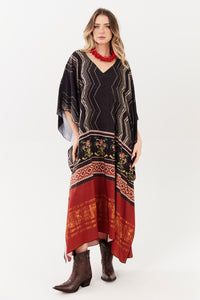 Kaftan Amplo Preto E Terracota Estampado Yacamim J5