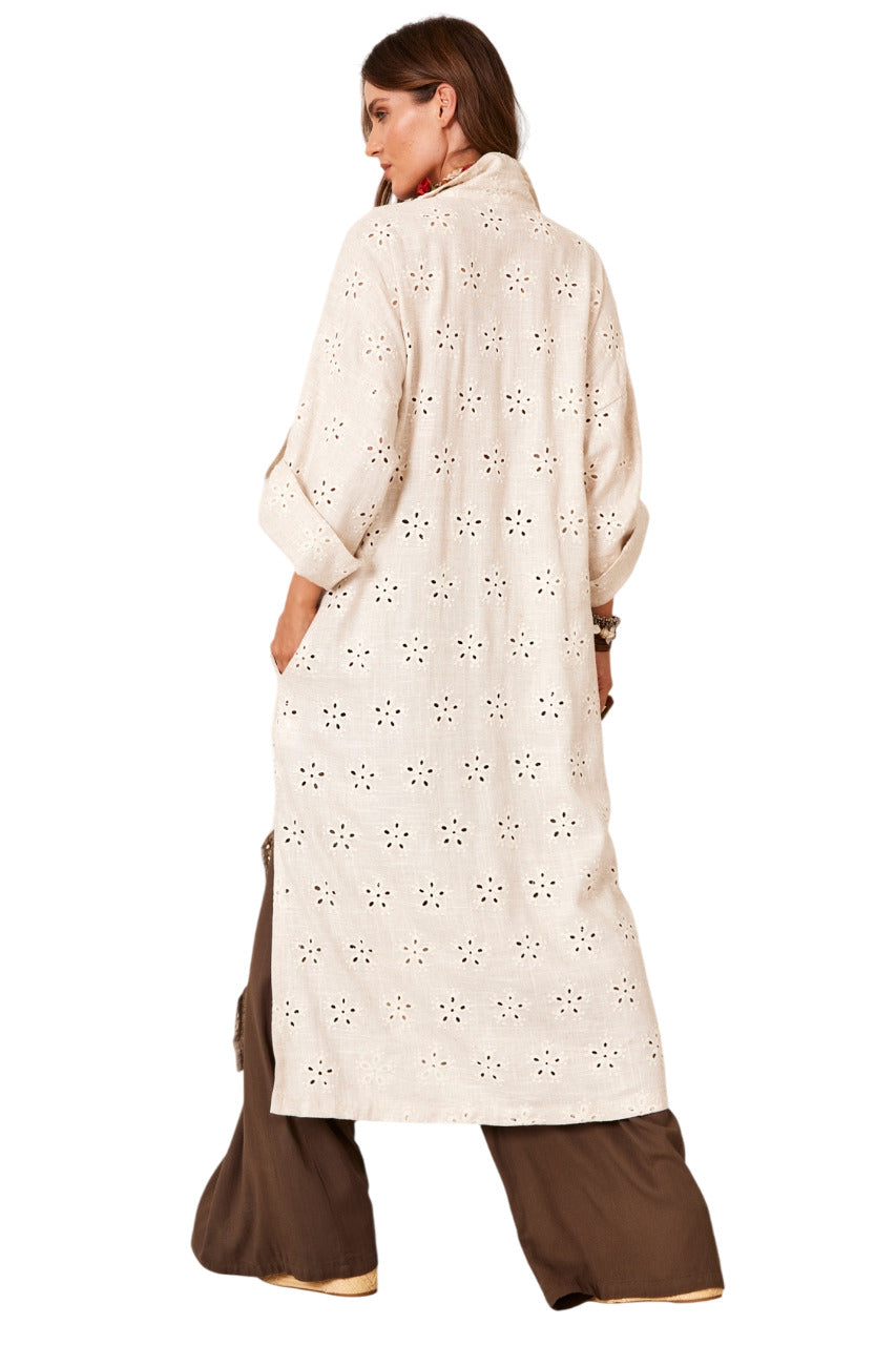 Chemise Longa De Linho Com Bordados Bege Yacamim M2