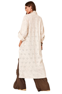 Chemise Longa De Linho Com Bordados Bege Yacamim M2